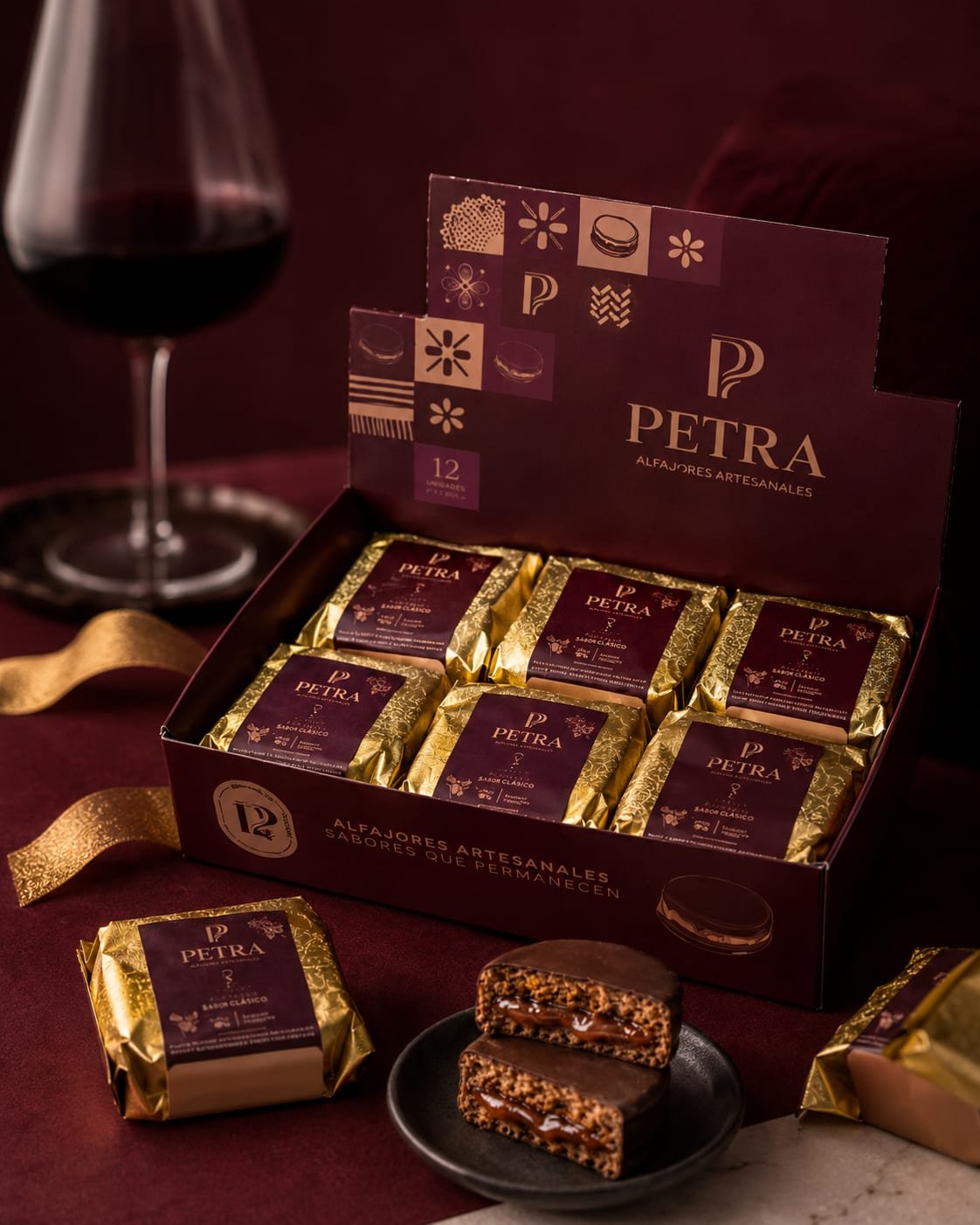 Caja de alfajores PETRA para comercios, junto a una copa de vino Malbec