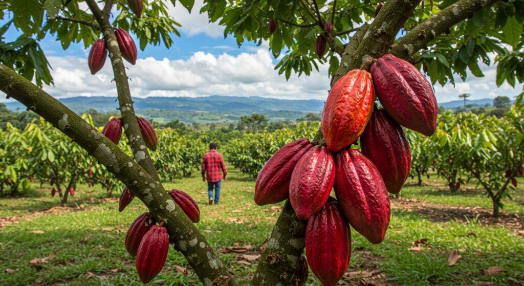 Mazorcas de cacao maduras en la plantación de origen