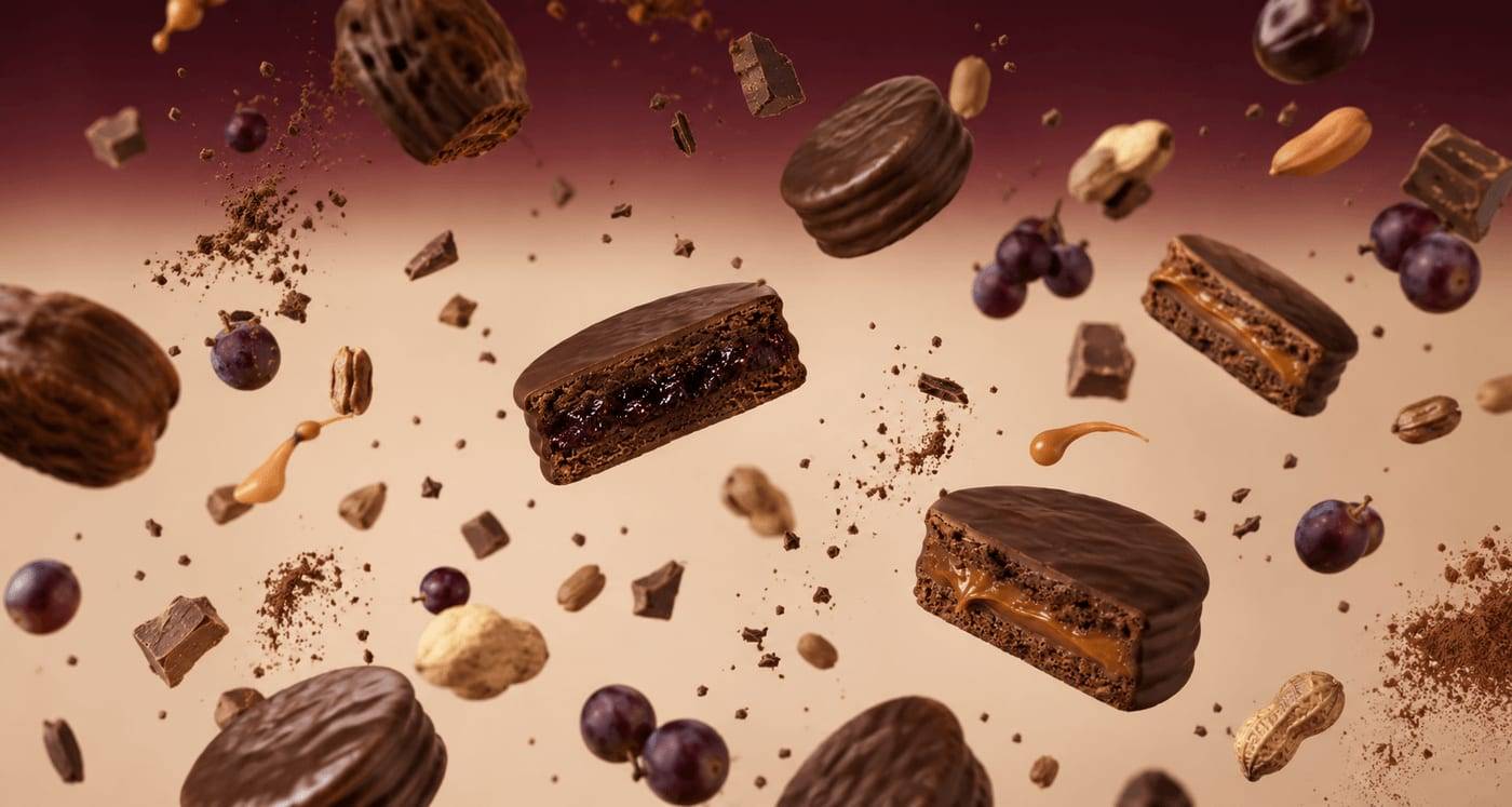 Lluvia de alfajores PETRA con chocolate, uvas y almendras
